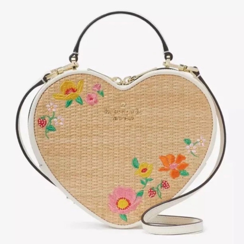 NWT Kate Spade Love Shack Straw Heart Shape Top Handle Crossbody Handbag